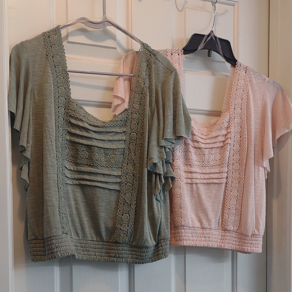 Bundle Lace Trimmed Blouses in Olive Green and Peach